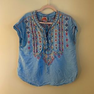 Johnny was blue embroidered blouse